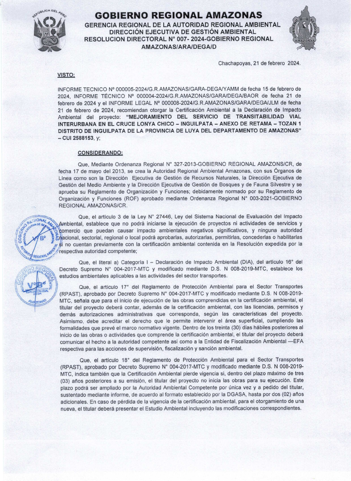 ResoluciÓn Directoral Nº 007 2024 Gobierno Regional Amazonas Sinia 5537